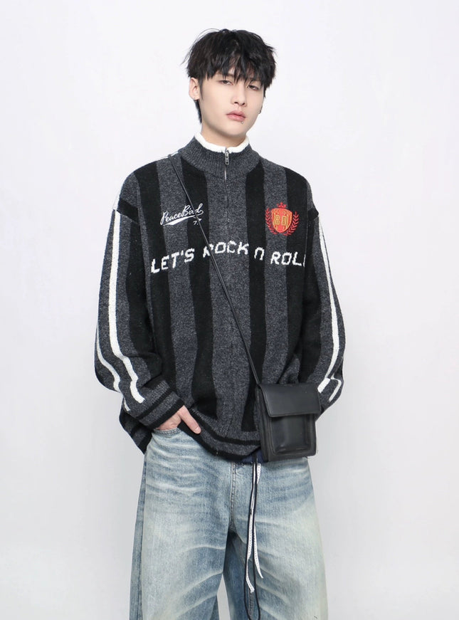 ストライプジップアップニット