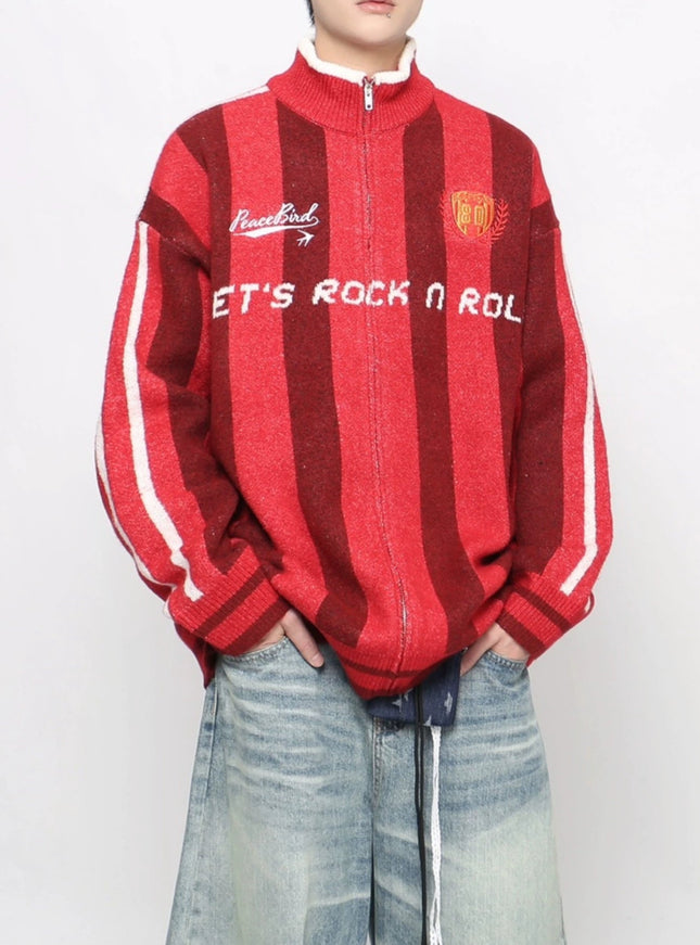 ストライプジップアップニット