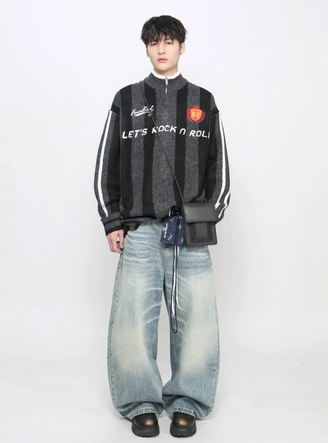 ストライプジップアップニット