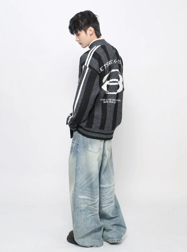 ストライプジップアップニット