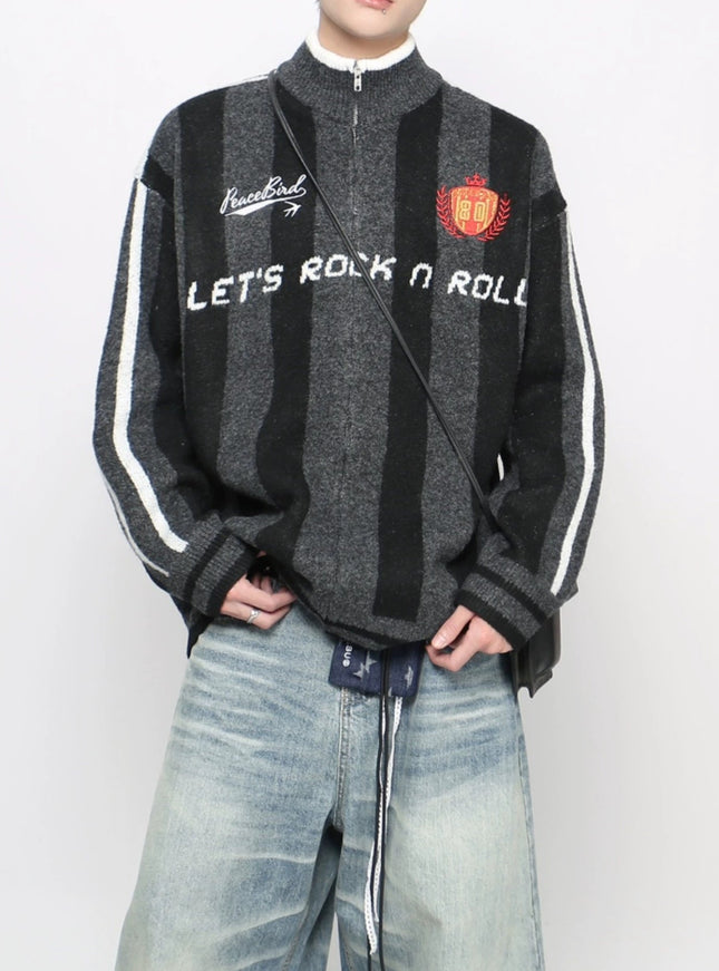 ストライプジップアップニット