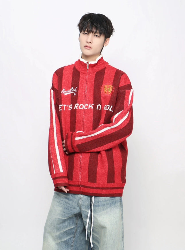 ストライプジップアップニット