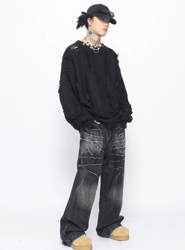 ダメージフリンジニットトップス