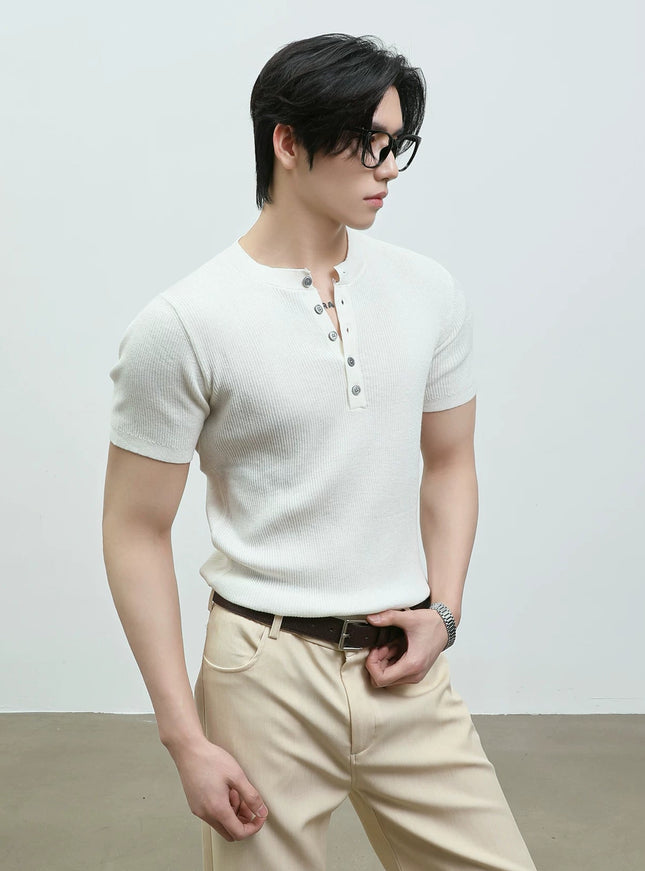 リブヘンリーネックTシャツ
