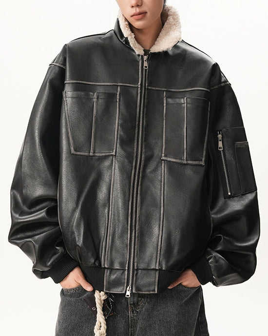 SAGA○USA製/ラムレザー○2way ボアレザージャケット リブ 短丈 SAGA○USA製/ラムレザー○2way ボアレザージャケット リブ 短丈