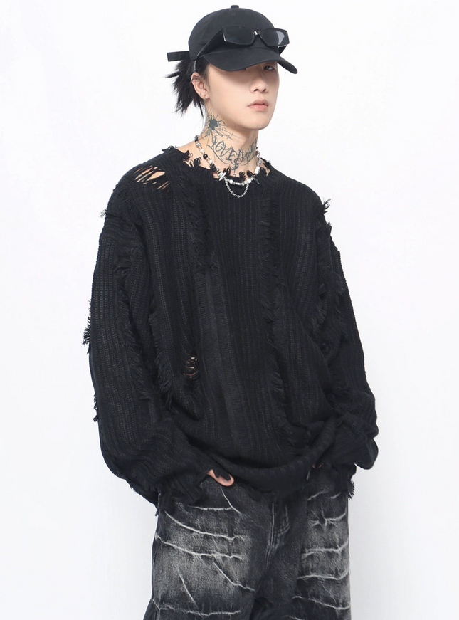 ダメージフリンジニットトップス