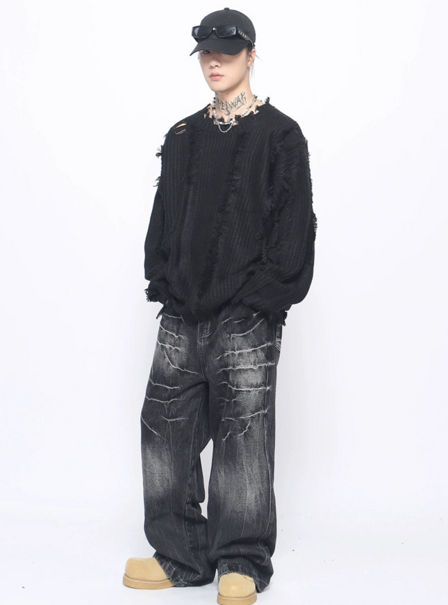 ダメージフリンジニットトップス