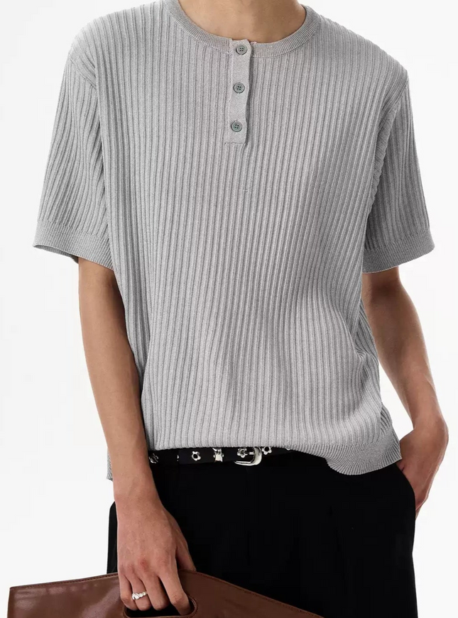 ヘンリーネックストライプTシャツ