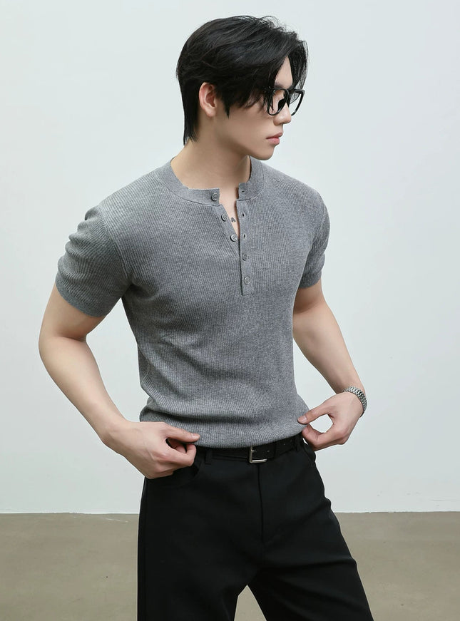 リブヘンリーネックTシャツ