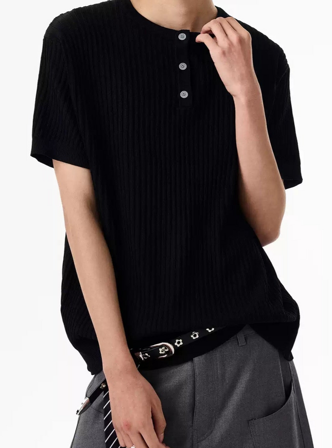 ヘンリーネックストライプTシャツ