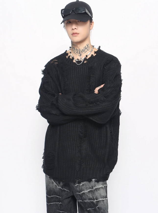 ダメージフリンジニットトップス