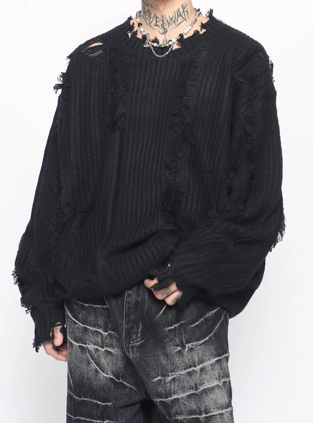 ダメージフリンジニットトップス