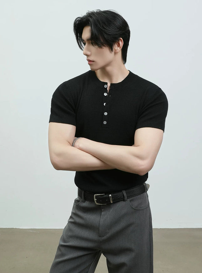 リブヘンリーネックTシャツ